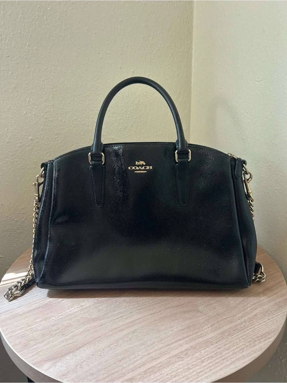 Coach Black Patent Leather Satchel with Gold Chain Strap